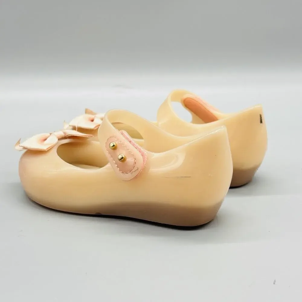 Mini Melissa Shoes Girls 8 Beige Jelly Mary Jane Bow Flat Dress Shoes Casual